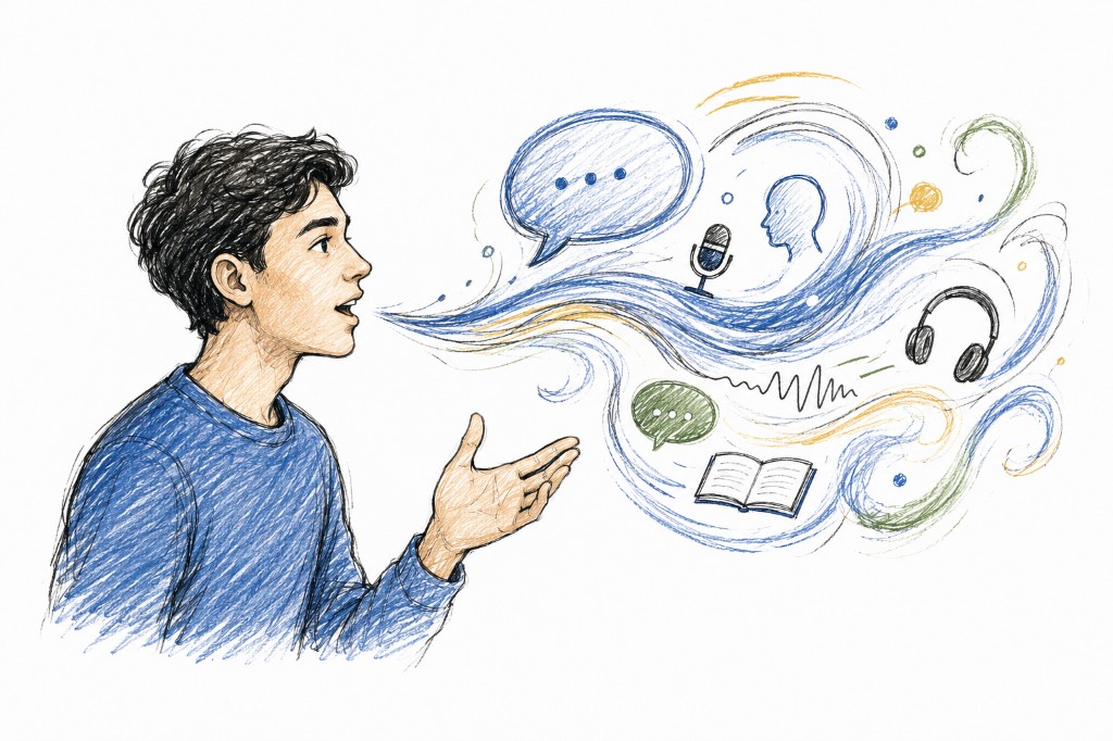 Illustration of a man speaking with swirling icons — speech bubble, microphone, headphones, and book — representing different ways to practice English conversation.