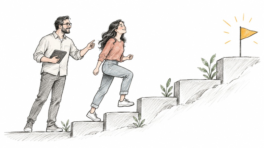 Hand-drawn illustration of a teacher guiding a student up stone steps toward a yellow flag, representing progress and mentorship in learning English.
