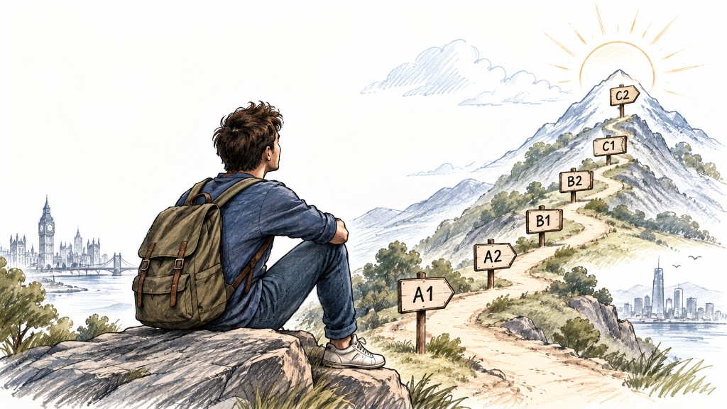 Hand-drawn illustration of a traveler looking at a mountain path marked A1 to C2, with faint sketches of London and New York in the distance.