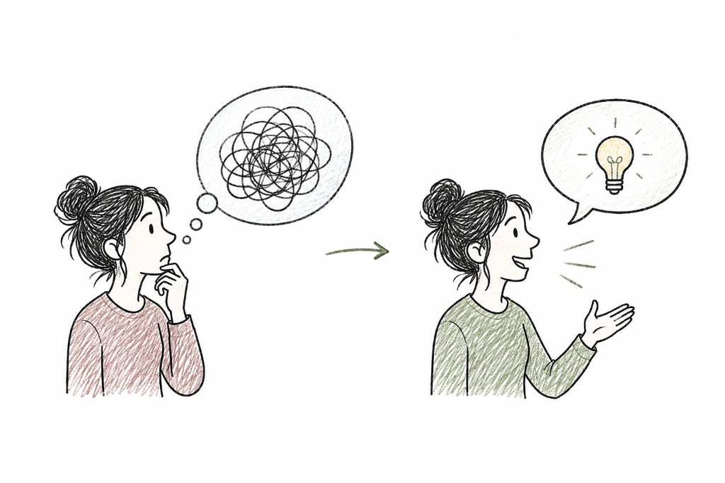 Hand-drawn editorial illustration of a person moving from confused mental translation in Portuguese to clear, confident speech in English.