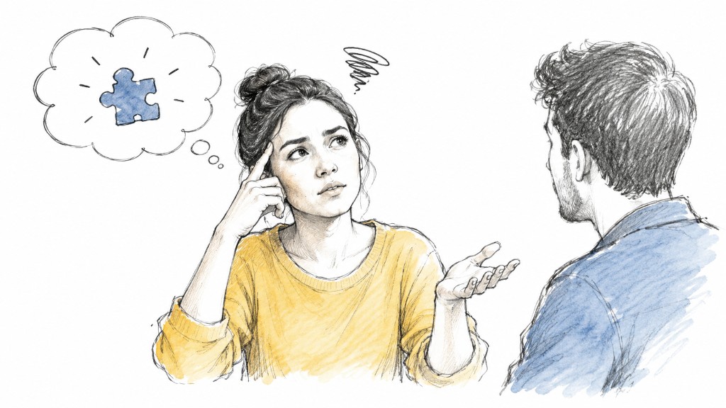 Hand-drawn illustration of a woman struggling to recall an English word during conversation, with a puzzle piece in a thought bubble.