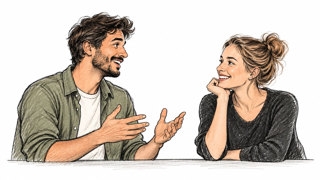 Hand-drawn illustration of a man and a woman in conversation, representing clear communication and being understood in English.