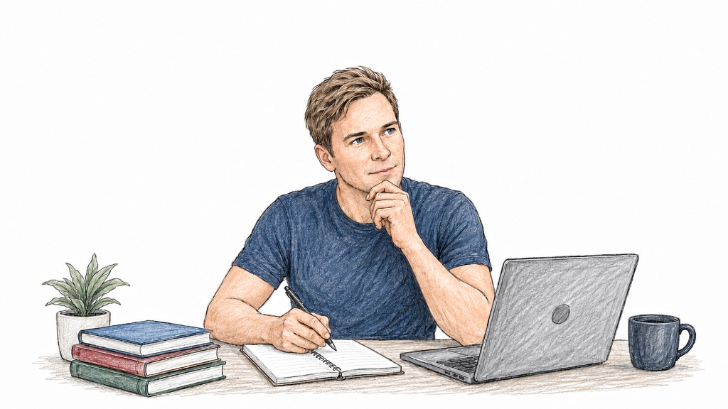 Hand-drawn illustration of a man at a desk studying, with a laptop, books, and a notebook, in a thoughtful pose.